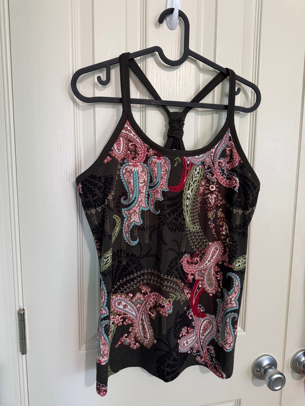 Athleta Olive/ Brown  Paisley Tank with Knotted Strappy Back